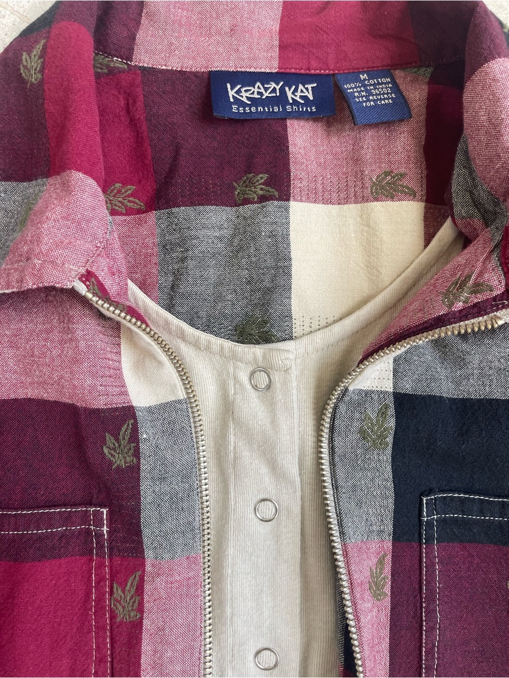 krazy kat burgandy, Cream & Black Plaid Zip Jacket w/ snap placket